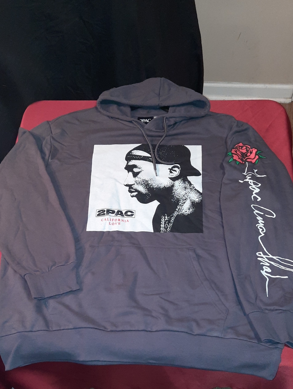 2Pac Graphic Hoodie California Love with Red Rose Sleeve - Gray